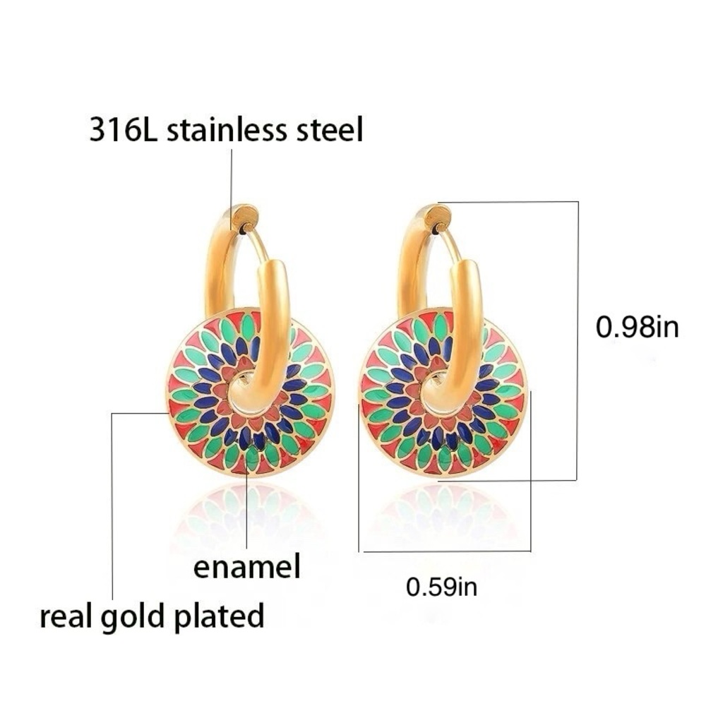New Gold Bohemian Enamel Colored Disc Chunky Necklace & Huggie Hoop Earrings - Picture 10 of 10